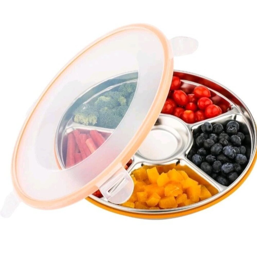 Divided Serving Tray with Lid, Stainless Steel Veggie Tray with Plastic Lid